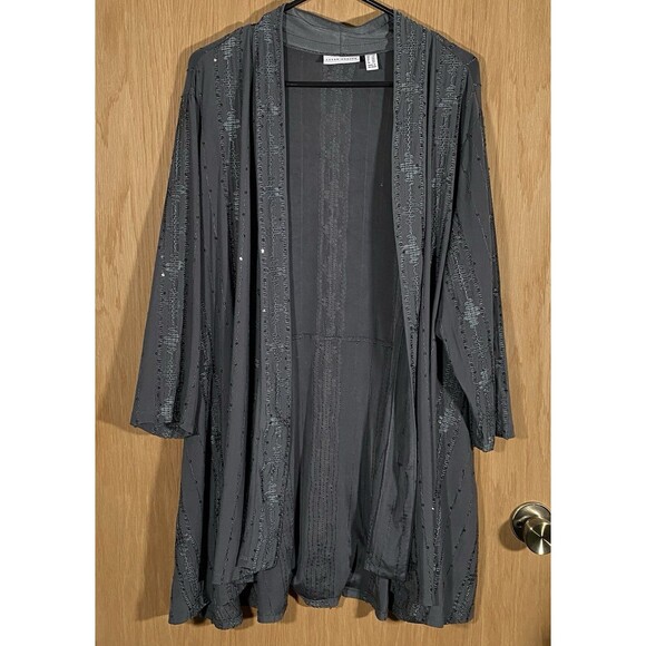Susan Graver Sequins Open Cardigan Sage Liquid Knit Stretch Women's Plus Sz 2X - Picture 1 of 9
